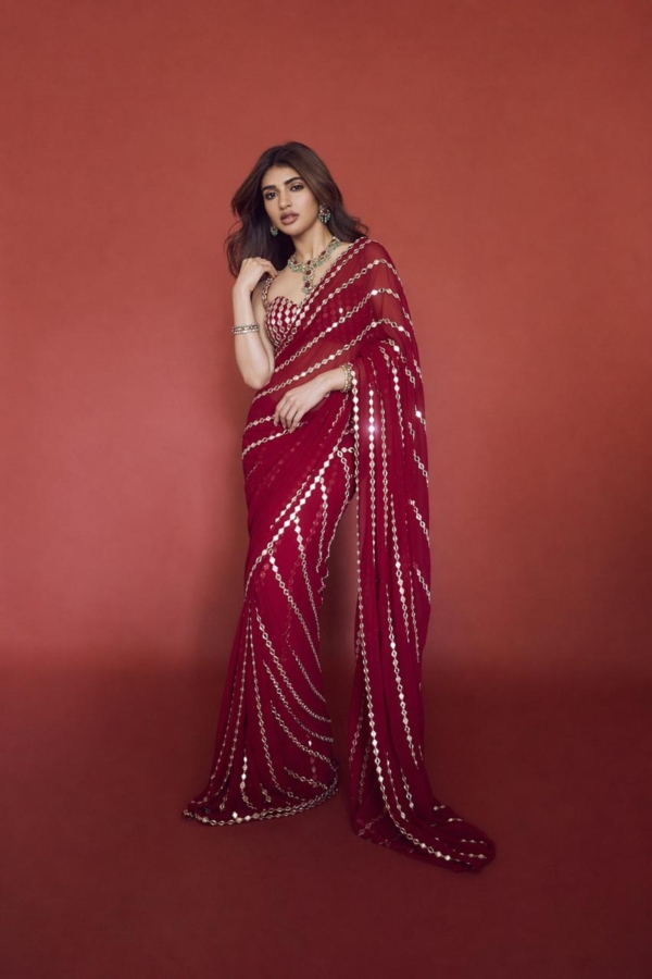 SREELEELA IN Ruby red Linear Mirror Saree Set