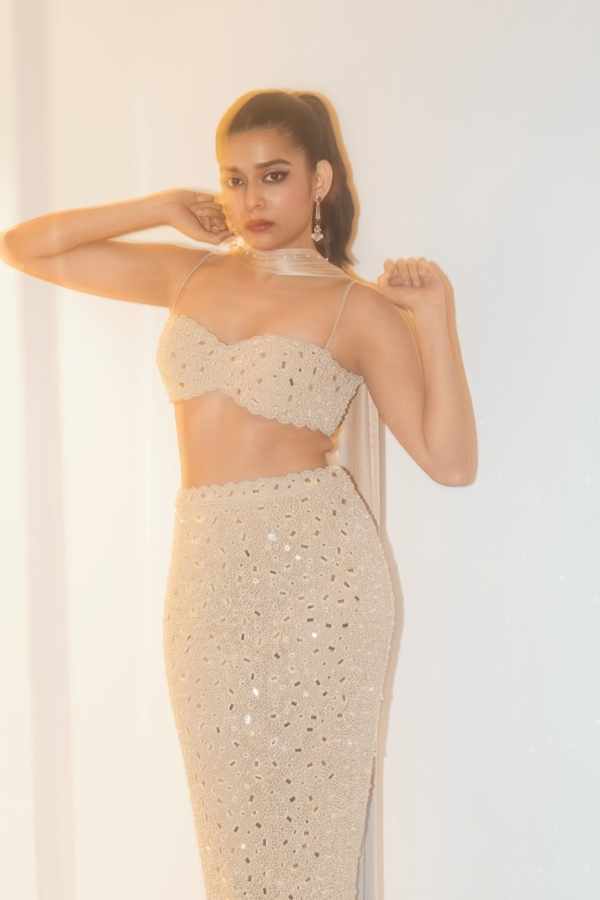 MITHILA PALKAR IN Light Beige dense Pearl and Mirror Pencil Skirt Set