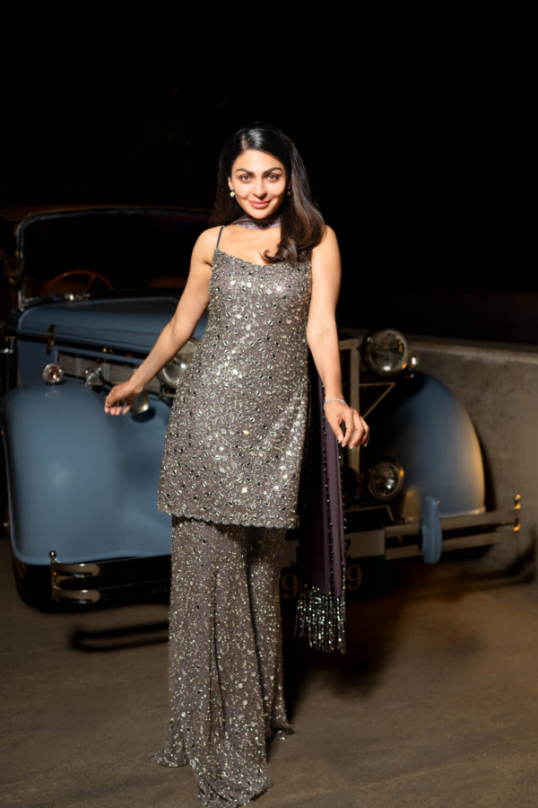 NEERU BAJWA IN Metallic Grey Sharara With Kurta Set