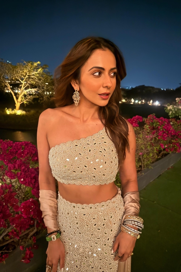 RAKULPREET IN Light Beige Pearl and Mirror One shoulder Pencil Skirt Set