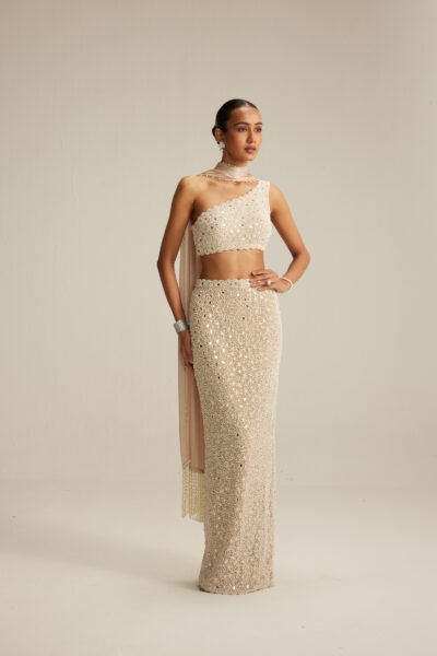 RAKULPREET IN Light Beige Pearl and Mirror One shoulder Pencil Skirt Set