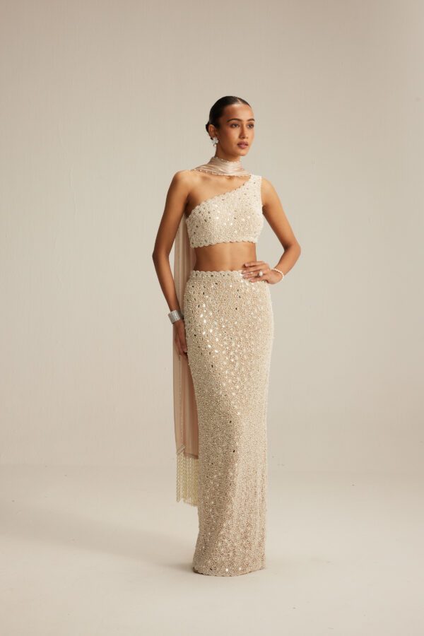 RAKULPREET IN Light Beige Pearl and Mirror One shoulder Pencil Skirt Set
