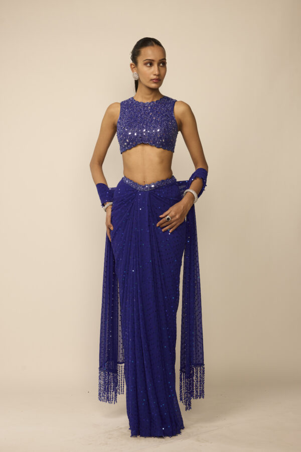 Cocktail Blue Sequins Embroidered Draped Skirt Set