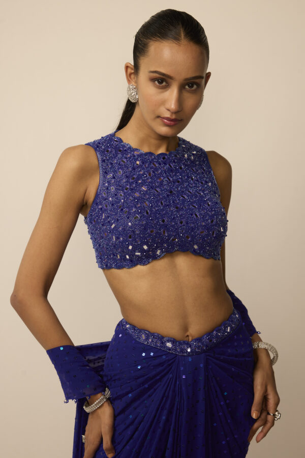 Cocktail Blue Sequins Embroidered Draped Skirt Set