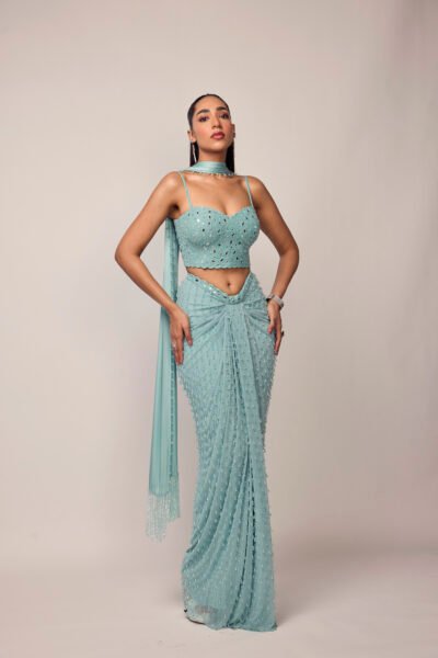 Powder Blue Single Drop Draped Skirt Set