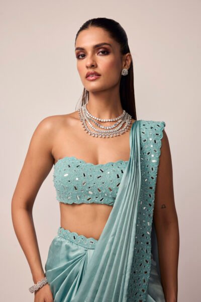 Powder Blue Satin Draped Saree Set