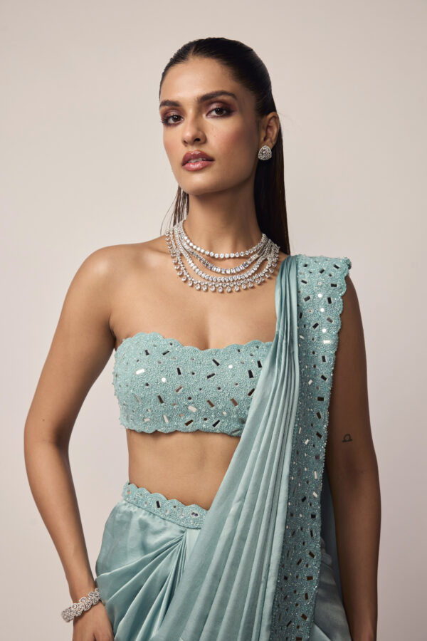 Powder Blue Satin Draped Saree Set