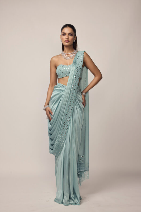 Powder Blue Satin Draped Saree Set