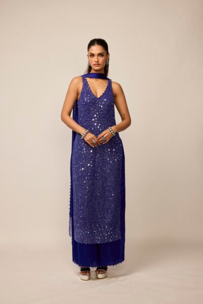 Cocktail Blue V Neck Kurta Set