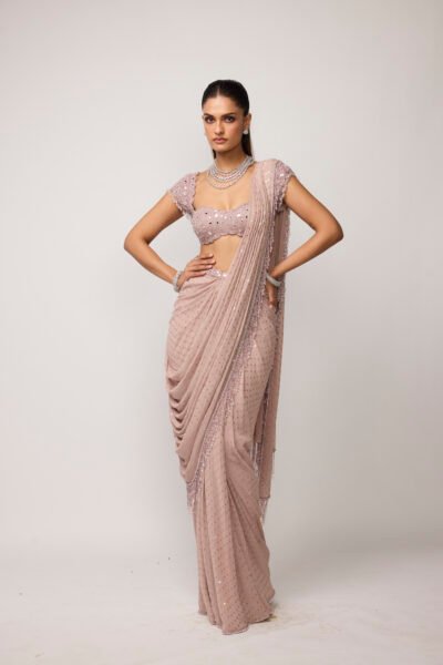 Ash Pink Sequins Embroidered Draped Saree Set