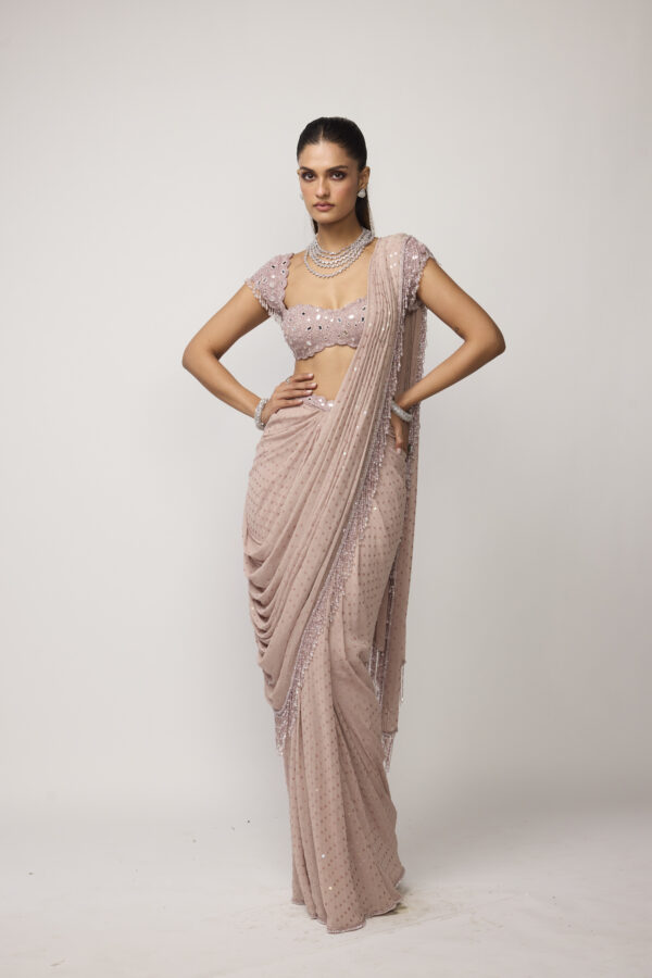 Ash Pink Sequins Embroidered Draped Saree Set