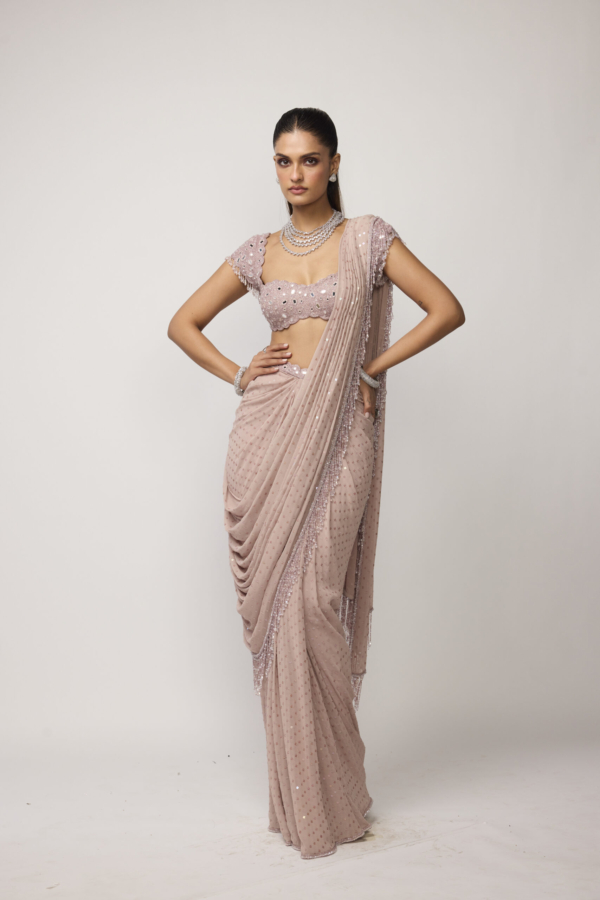 Ash Pink Sequins Embroidered Draped Saree Set