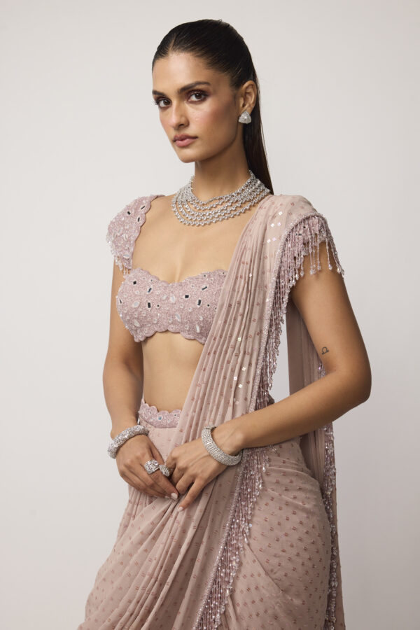 Ash Pink Sequins Embroidered Draped Saree Set