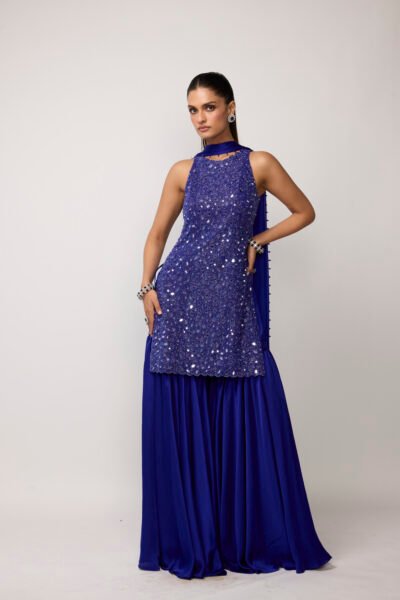 Cocktail Blue Satin Sharara Set