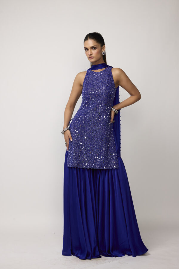 Cocktail Blue Satin Sharara Set