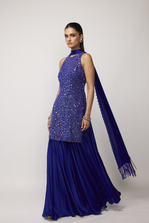Cocktail Blue Satin Sharara Set
