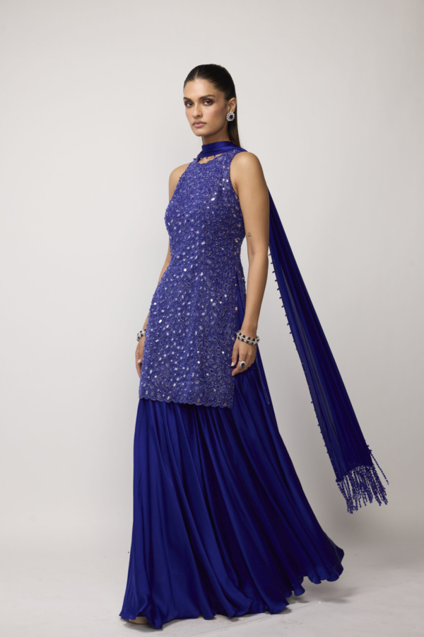 Cocktail Blue Satin Sharara Set