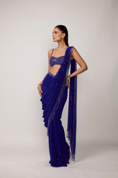 Cocktail Blue Sequins Embroidered Saree Set