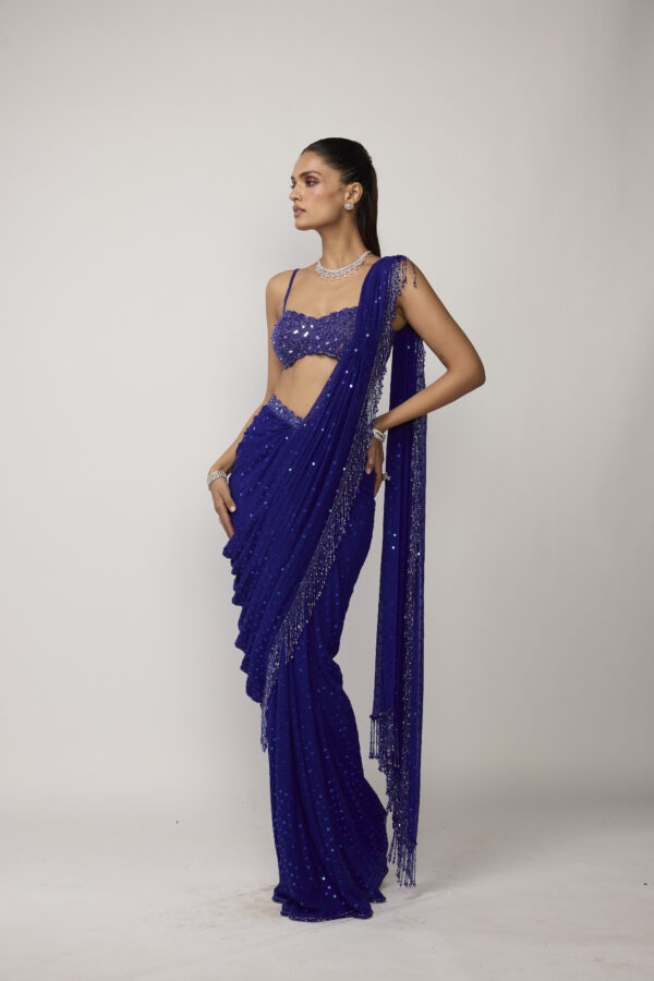 Cocktail Blue Sequins Embroidered Saree Set