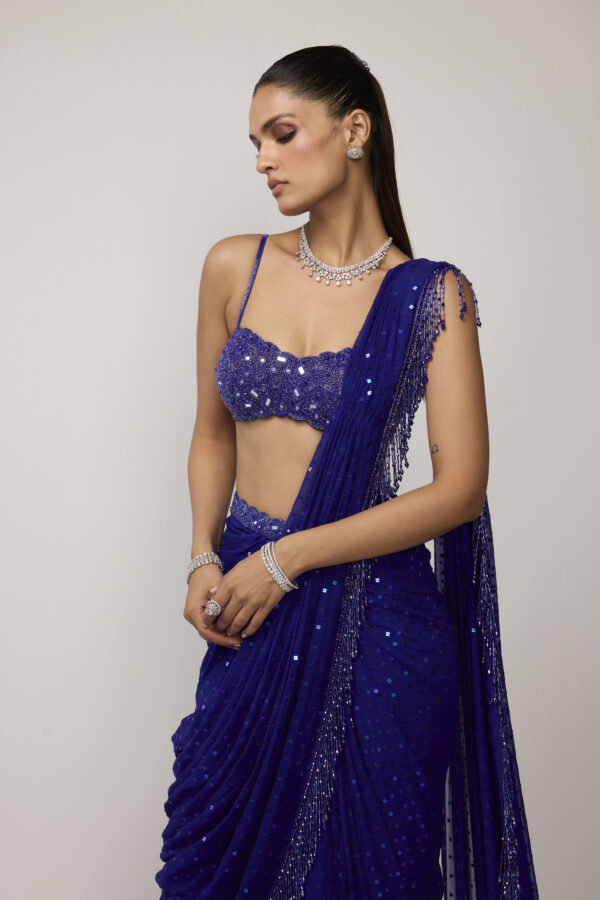 Cocktail Blue Sequins Embroidered Saree Set