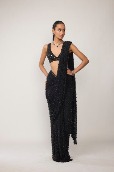 Black Single Drop V Neck Saree Set