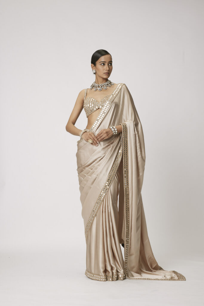 Light Beige satin Saree Set