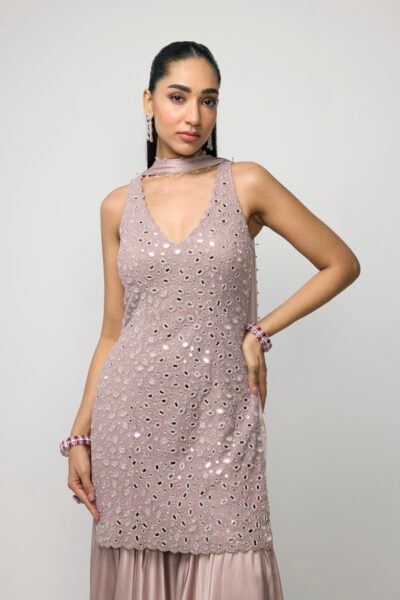 Ash Pink Satin Sharara Set