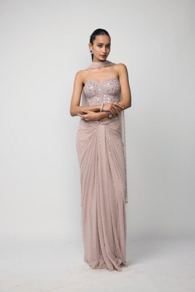 Ash Pink Draped Sequins Embroidered Skirt Set