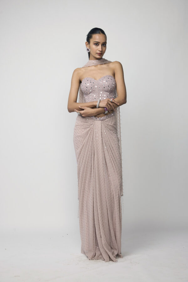 Ash Pink Draped Sequins Embroidered Skirt Set