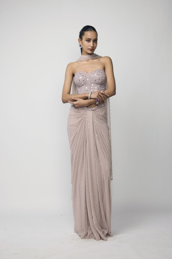 Ash Pink Draped Sequins Embroidered Skirt Set