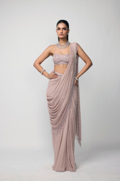 Ash Pink Draped Saree Set