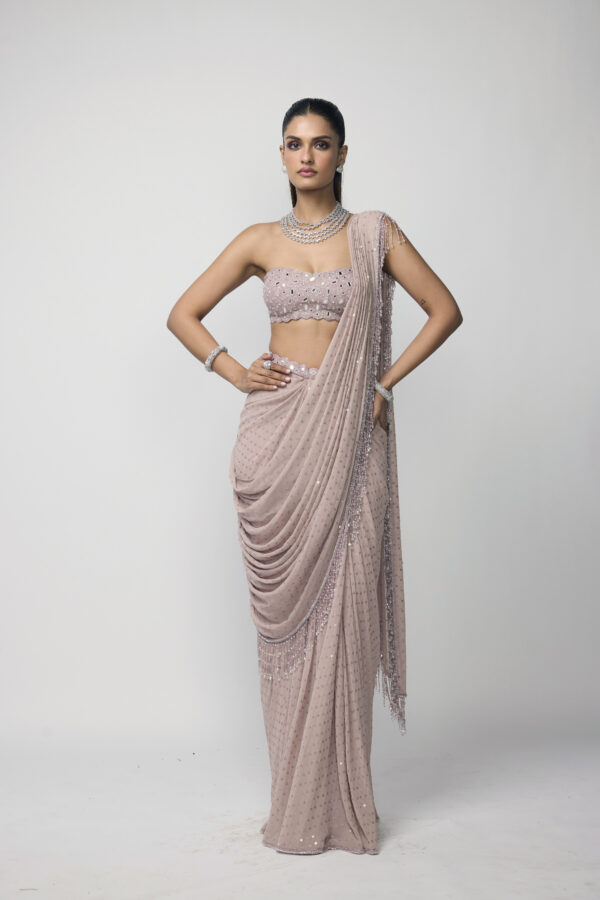 Ash Pink Draped Saree Set