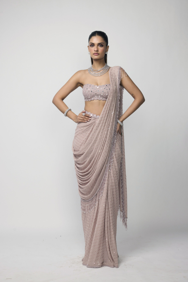 Ash Pink Draped Saree Set