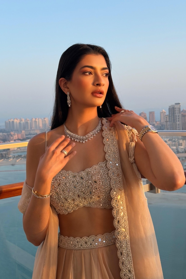 Hanna Khan in Light Beige Organza Lehenga Set