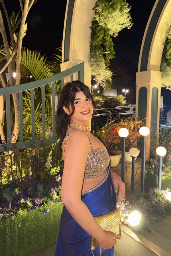 Deeksha Khurana in Persian Blue Hand Embroidered Satin Saree Set