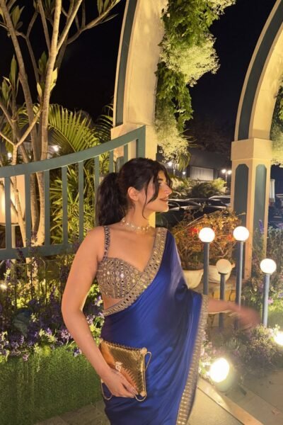 Deeksha Khurana in Persian Blue Hand Embroidered Satin Saree Set