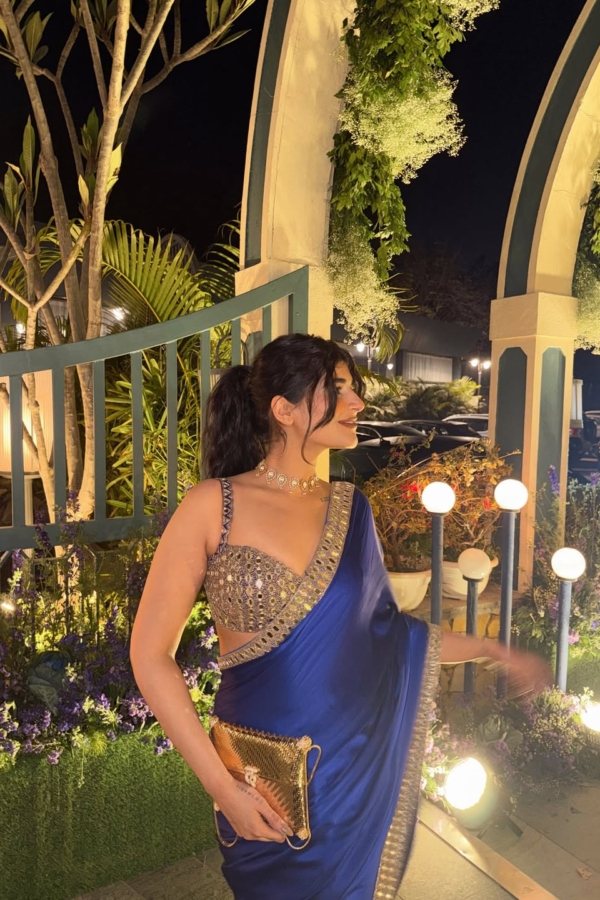 Deeksha Khurana in Persian Blue Hand Embroidered Satin Saree Set