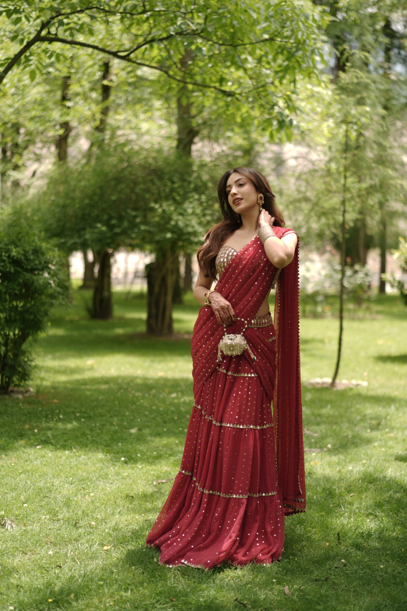 Sahher Bambba in Crimson Red Multi-tier Sequin Embroidered Saree Set - Image 3