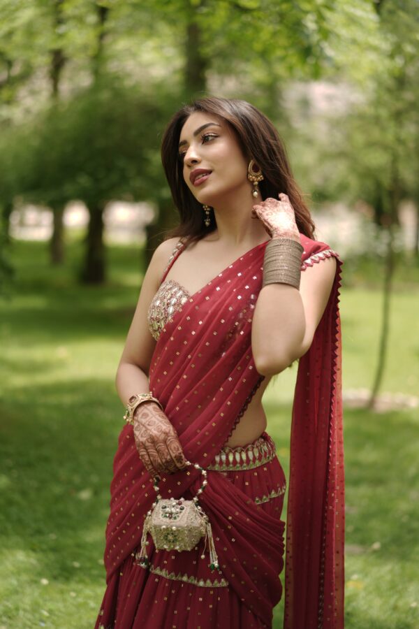 Sahher Bambba in Crimson Red Multi-tier Sequin Embroidered Saree Set