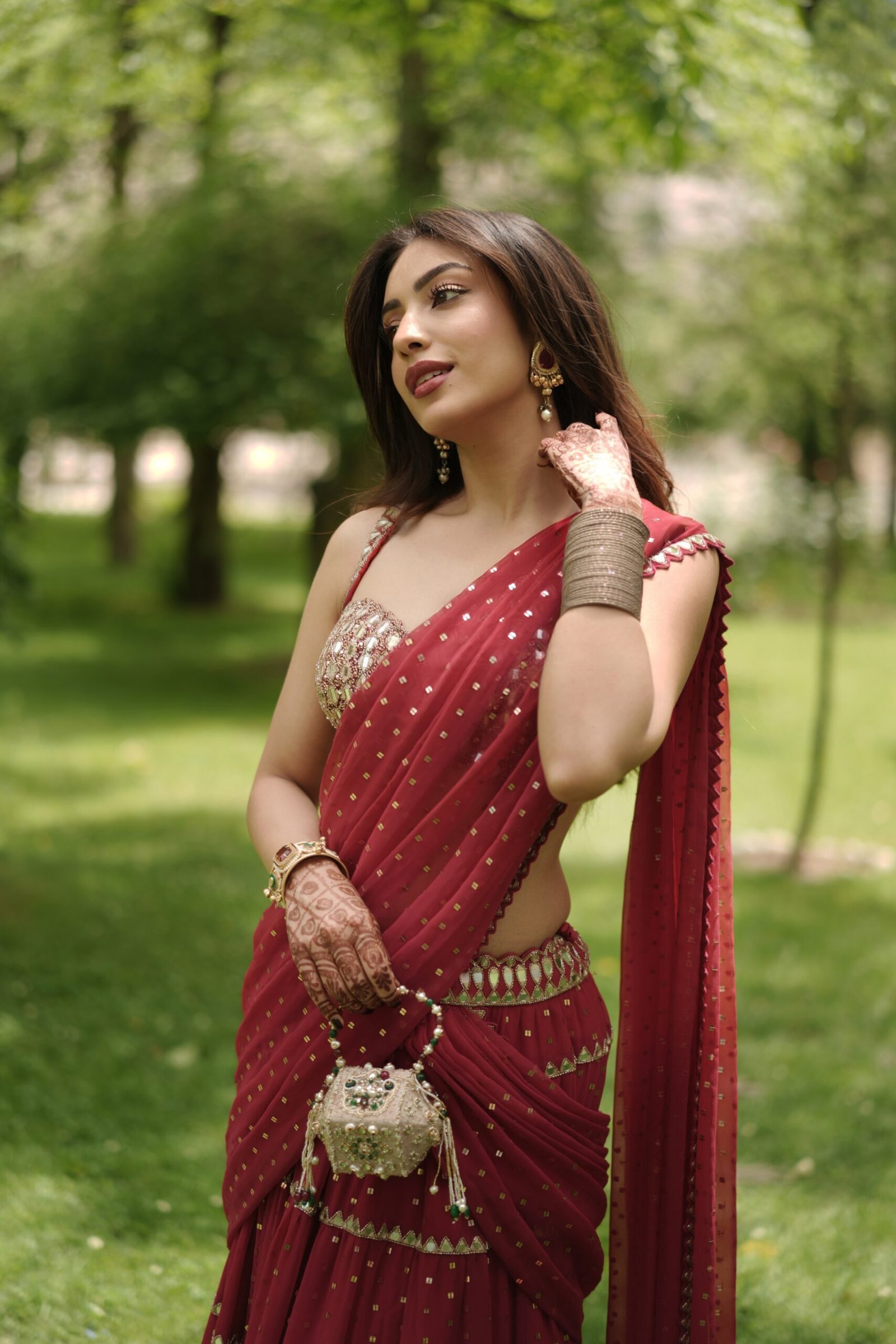 Sahher Bambba in Crimson Red Multi-tier Sequin Embroidered Saree Set