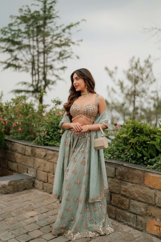 Sahher Bambba in Powder Blue Organza Sequin Embroidered Lehenga Set
