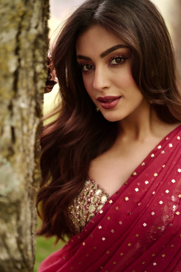Sahher Bambba in Crimson Red Multi-tier Sequin Embroidered Saree Set