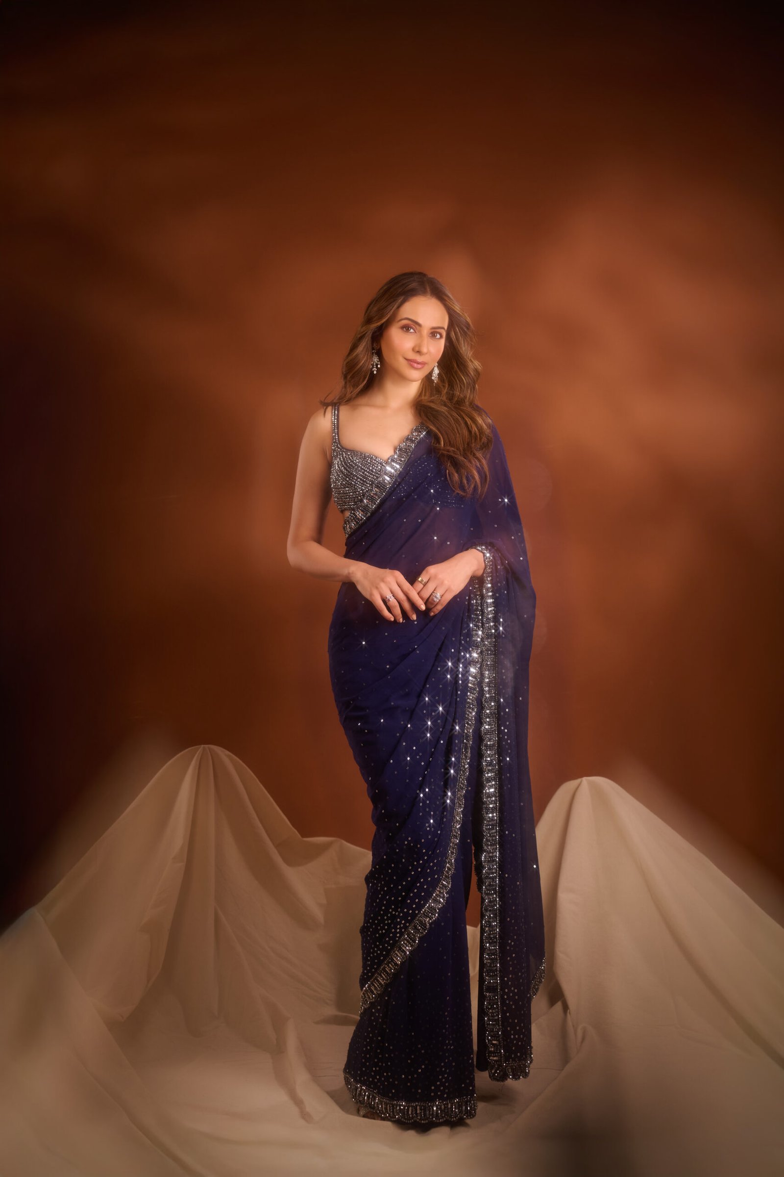 Rakulpreet in Deep Blue Sequins Scattered Saree Set - Image 3