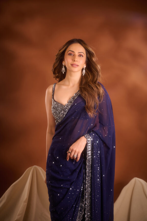 Rakulpreet in Deep Blue Sequins Scattered Saree Set