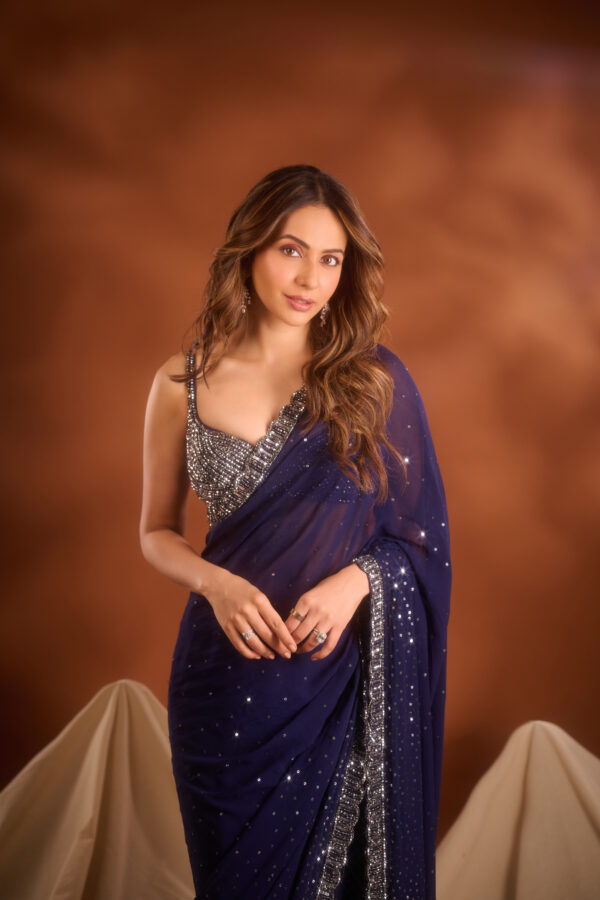 Rakulpreet in Deep Blue Sequins Scattered Saree Set