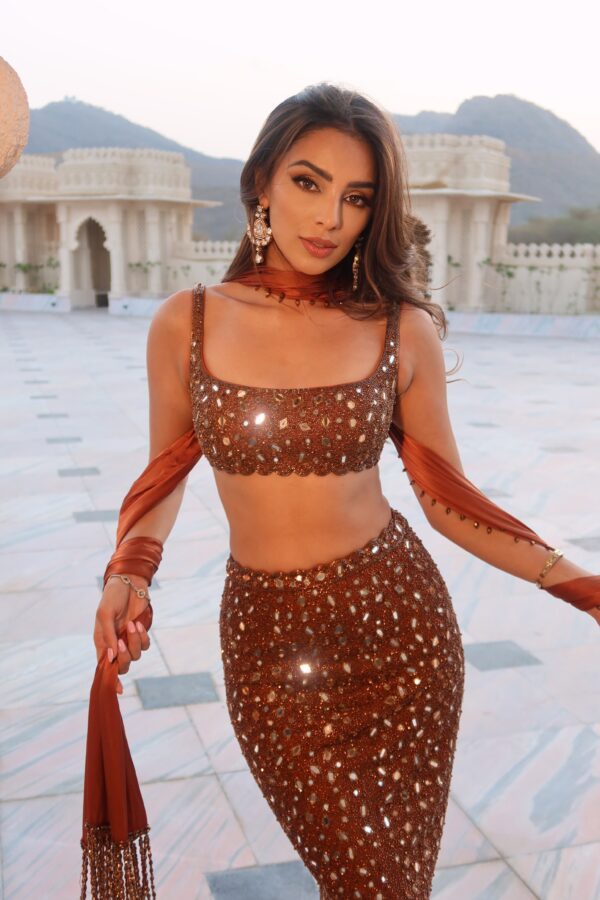 Payal Shah in Metallic Copper Pencil Skirt Set