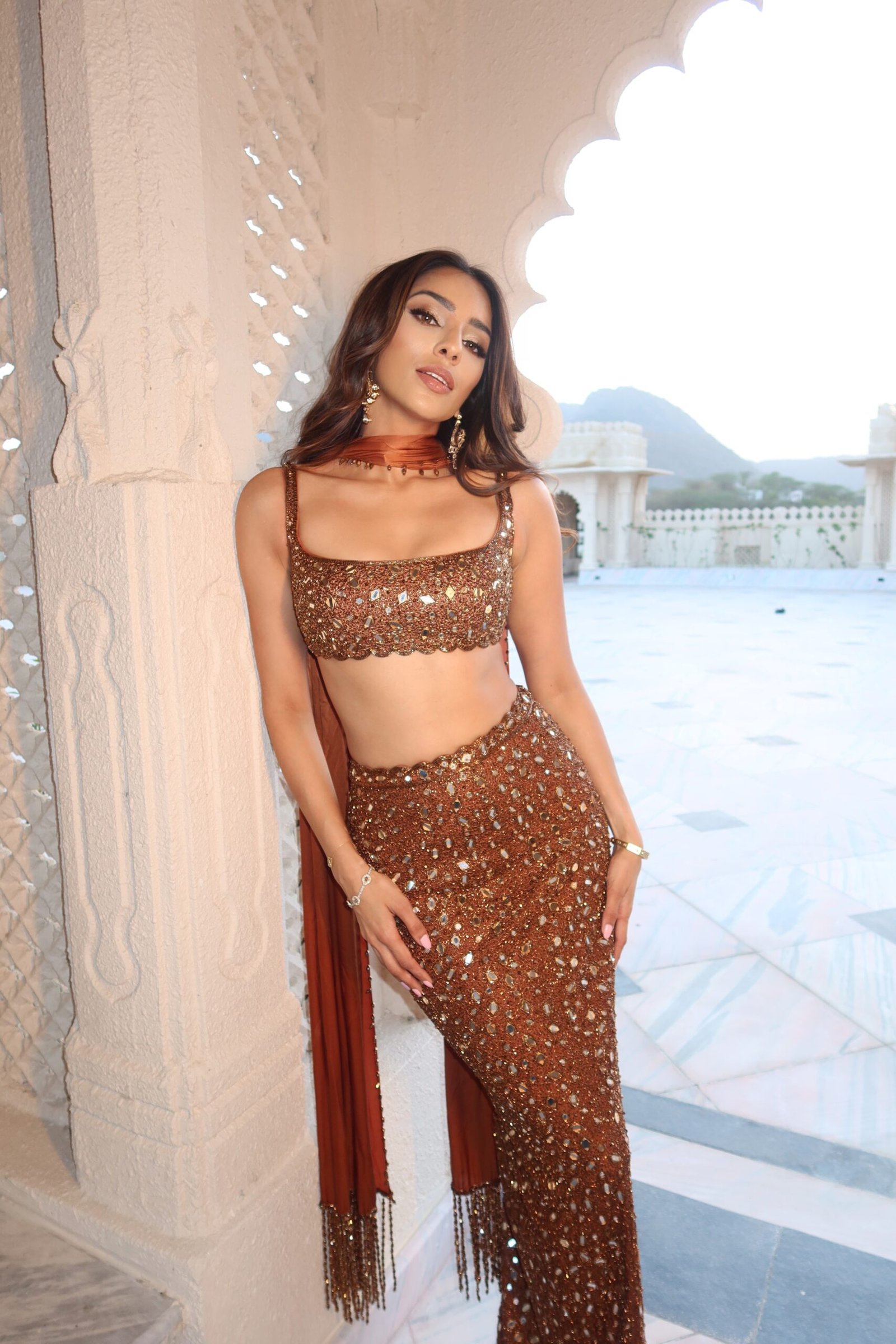 Payal Shah in Metallic Copper Pencil Skirt Set - Image 3