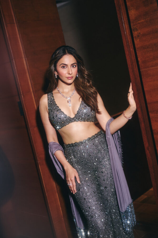 Rakulpreet in Metallic Grey Sharara Pant Set