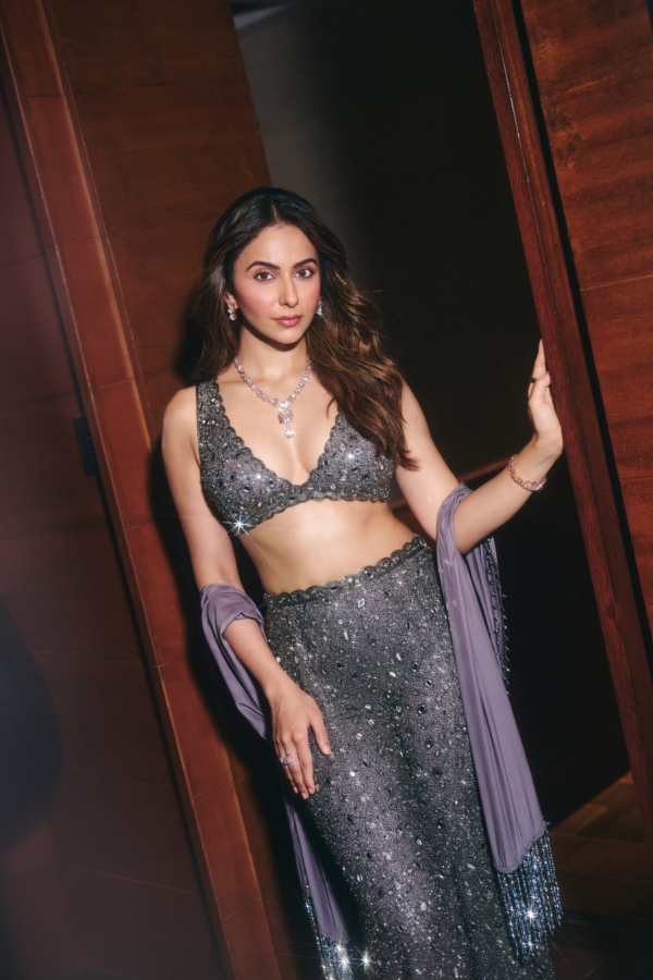 Rakulpreet in Metallic Grey Sharara Pant Set