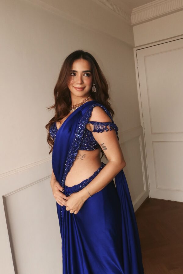 Siddhi Karwa in Cocktail Blue Satin Saree Set